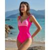QINSEN Womens Sexy V Neck One Piece Bathing Suit Color Block Swimsuit High Waist Monokini(Magenta Color Block)