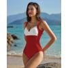 QINSEN Womens Sexy V Neck One Piece Bathing Suit Color Block Swimsuit High Waist Monokini(Red White)