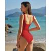 QINSEN Womens Sexy V Neck One Piece Bathing Suit Color Block Swimsuit High Waist Monokini(Red White)