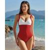 QINSEN Womens Sexy V Neck One Piece Bathing Suit Color Block Swimsuit High Waist Monokini(Red White)