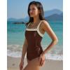 QINSEN Women’s Square Neck One Piece Swimsuit Side Ruched Tummy Control Adjustable Straps Bathing Suit(Brown)
