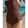 QINSEN Women’s Square Neck One Piece Swimsuit Side Ruched Tummy Control Adjustable Straps Bathing Suit(Brown)