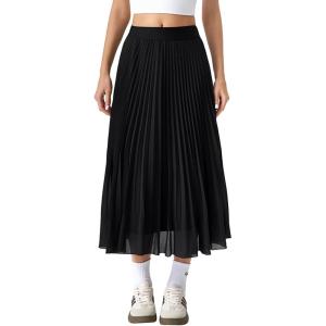 QINSEN Women’s Elegant Flowy Pleated Chiffon Skirts A-line Swing Midi Skirts Elastic Waist Soft Linging(Black)