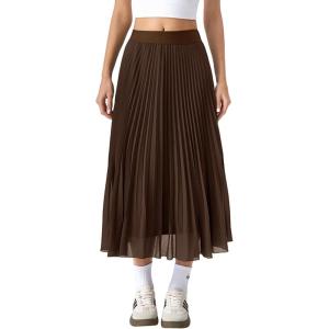 QINSEN Women’s Elegant Flowy Pleated Chiffon Skirts A-line Swing Midi Skirts Elastic Waist Soft Linging(Mocha)