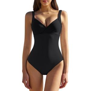 QINSEN Womens Sexy V Neck One Piece Bathing Suit Color Block Swimsuit High Waist Monokini(Black)