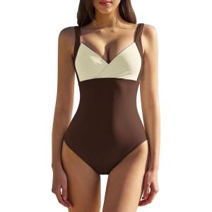 QINSEN Womens Sexy V Neck One Piece Bathing Suit Color Block Swimsuit High Waist Monokini(Brown Beige)