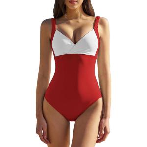 QINSEN Womens Sexy V Neck One Piece Bathing Suit Color Block Swimsuit High Waist Monokini(Red White)