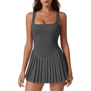 QINSEN Womens Square Neck Tennis Dress Pleated Sleeveless Built in Shorts Golf Athletic Dress with Pockets(Deep Gray)