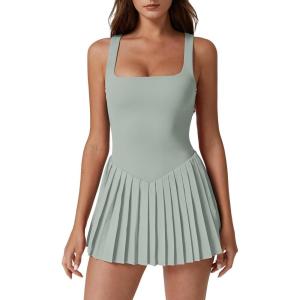 QINSEN Womens Square Neck Tennis Dress Pleated Sleeveless Built in Shorts Golf Athletic Dress with Pockets(Gray Green)