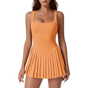 QINSEN Womens Square Neck Tennis Dress Pleated Sleeveless Built in Shorts Golf Athletic Dress with Pockets(Orange)