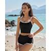 QINSEN Women’s Two Piece Swimsuit Spaghetti Strap Crop Top with High Wasited Boyshort Style Bikini Bottom(Black)