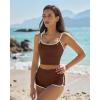 QINSEN Women’s Two Piece Swimsuit Spaghetti Strap Crop Top with High Wasited Boyshort Style Bikini Bottom(Brown)