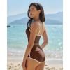 QINSEN Women’s Two Piece Swimsuit Spaghetti Strap Crop Top with High Wasited Boyshort Style Bikini Bottom(Brown)