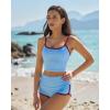 QINSEN Women’s Two Piece Swimsuit Spaghetti Strap Crop Top with High Wasited Boyshort Style Bikini Bottom(Light Blue)