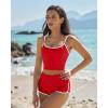 QINSEN Women’s Two Piece Swimsuit Spaghetti Strap Crop Top with High Wasited Boyshort Style Bikini Bottom(Red)