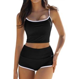 QINSEN Women’s Two Piece Swimsuit Spaghetti Strap Crop Top with High Wasited Boyshort Style Bikini Bottom(Black)