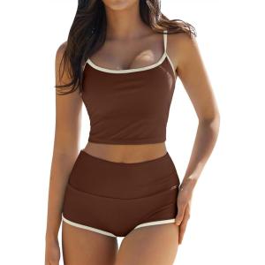 QINSEN Women’s Two Piece Swimsuit Spaghetti Strap Crop Top with High Wasited Boyshort Style Bikini Bottom(Brown)