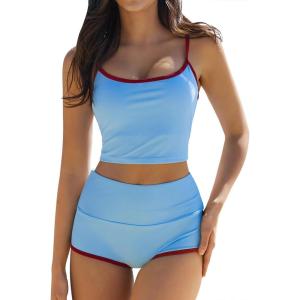 QINSEN Women’s Two Piece Swimsuit Spaghetti Strap Crop Top with High Wasited Boyshort Style Bikini Bottom(Light Blue)