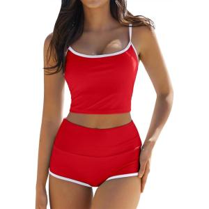 QINSEN Women’s Two Piece Swimsuit Spaghetti Strap Crop Top with High Wasited Boyshort Style Bikini Bottom(Red)