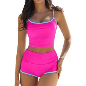 QINSEN Women’s Two Piece Swimsuit Spaghetti Strap Crop Top with High Wasited Boyshort Style Bikini Bottom(Rosy)
