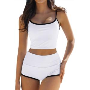 QINSEN Women’s Two Piece Swimsuit Spaghetti Strap Crop Top with High Wasited Boyshort Style Bikini Bottom(White)