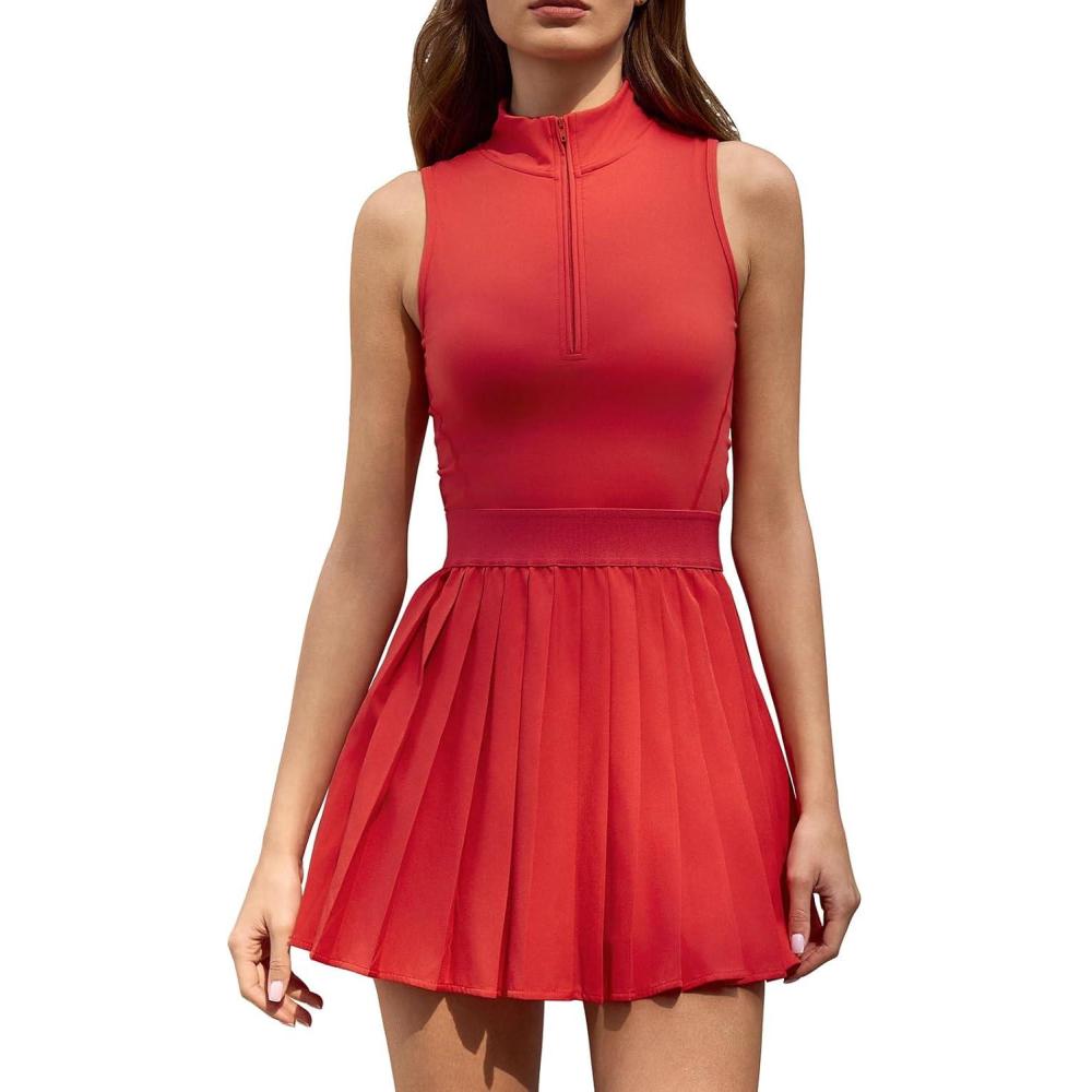 imageQINSEN Womens Zip Front Tennis Dress High Neck Pleated Sleeveless Two Pieces Golf Athletic Dress with PocketsRed
