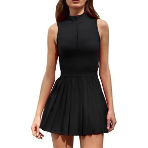 QINSEN Womens Zip Front Tennis Dress High Neck Pleated Sleeveless Two Pieces Golf Athletic Dress with Pockets(Black)