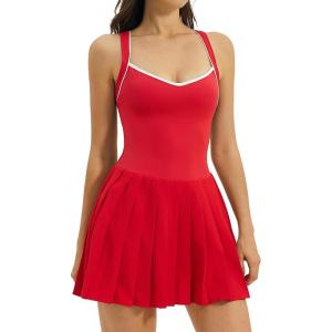 QINSEN Womens V Neck Pleated Tennis Dresses Built in Shorts Cross Back Sleeveless Athletic Dress with Pockets(Red)