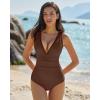 QINSEN Women’s One Piece Swimsuit Mesh V Neck Tummy Control Bathing Suit High Waisted Slimming Retro Swimwear(Brown)
