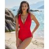 QINSEN Women’s One Piece Swimsuit Mesh V Neck Tummy Control Bathing Suit High Waisted Slimming Retro Swimwear(Red)