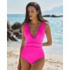 QINSEN Women’s One Piece Swimsuit Mesh V Neck Tummy Control Bathing Suit High Waisted Slimming Retro Swimwear(Rosy)