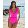 QINSEN Women’s One Piece Swimsuit Mesh V Neck Tummy Control Bathing Suit High Waisted Slimming Retro Swimwear(Rosy)