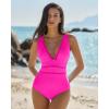QINSEN Women’s One Piece Swimsuit Mesh V Neck Tummy Control Bathing Suit High Waisted Slimming Retro Swimwear(Rosy)