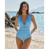 QINSEN Women’s One Piece Swimsuit Mesh V Neck Tummy Control Bathing Suit High Waisted Slimming Retro Swimwear(Sky Blue)