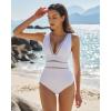 QINSEN Women’s One Piece Swimsuit Mesh V Neck Tummy Control Bathing Suit High Waisted Slimming Retro Swimwear(White)