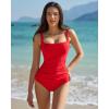 QINSEN Women’s Square Neck One Piece Swimsuit Open Back Side Ruched Bathing Suit Tummy Control Slimming Swimwear(Red)