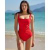 QINSEN Women’s Square Neck One Piece Swimsuit Open Back Side Ruched Bathing Suit Tummy Control Slimming Swimwear(Red)
