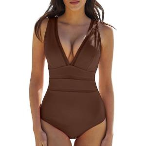 QINSEN Women’s One Piece Swimsuit Mesh V Neck Tummy Control Bathing Suit High Waisted Slimming Retro Swimwear(Brown)