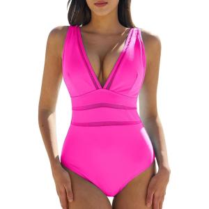 QINSEN Women’s One Piece Swimsuit Mesh V Neck Tummy Control Bathing Suit High Waisted Slimming Retro Swimwear(Rosy)