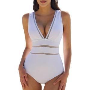 QINSEN Women’s One Piece Swimsuit Mesh V Neck Tummy Control Bathing Suit High Waisted Slimming Retro Swimwear(White)