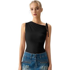 QINSEN Women’s Sleeveless Tank Tops High Neck Double Lined Summer Crop Going Out Shirts(Black)