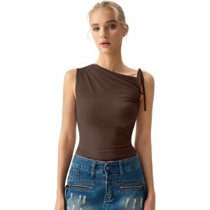 QINSEN Women’s Sleeveless Tank Tops High Neck Double Lined Summer Crop Going Out Shirts(Coffee Bean)