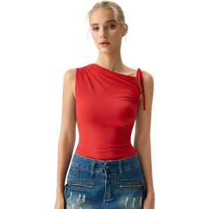QINSEN Women’s Sleeveless Tank Tops High Neck Double Lined Summer Crop Going Out Shirts(Fairy Red)