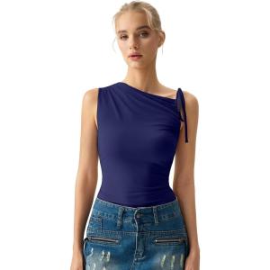 QINSEN Women’s Sleeveless Tank Tops High Neck Double Lined Summer Crop Going Out Shirts(Navy)