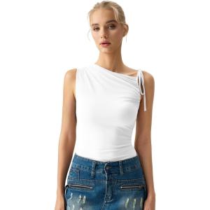 QINSEN Women’s Sleeveless Tank Tops High Neck Double Lined Summer Crop Going Out Shirts(White)
