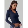 QINSEN Womens V Neck Polo Shirt Long Sleeve Double Lined Tees Basic Collared Fitted Going Out Tops