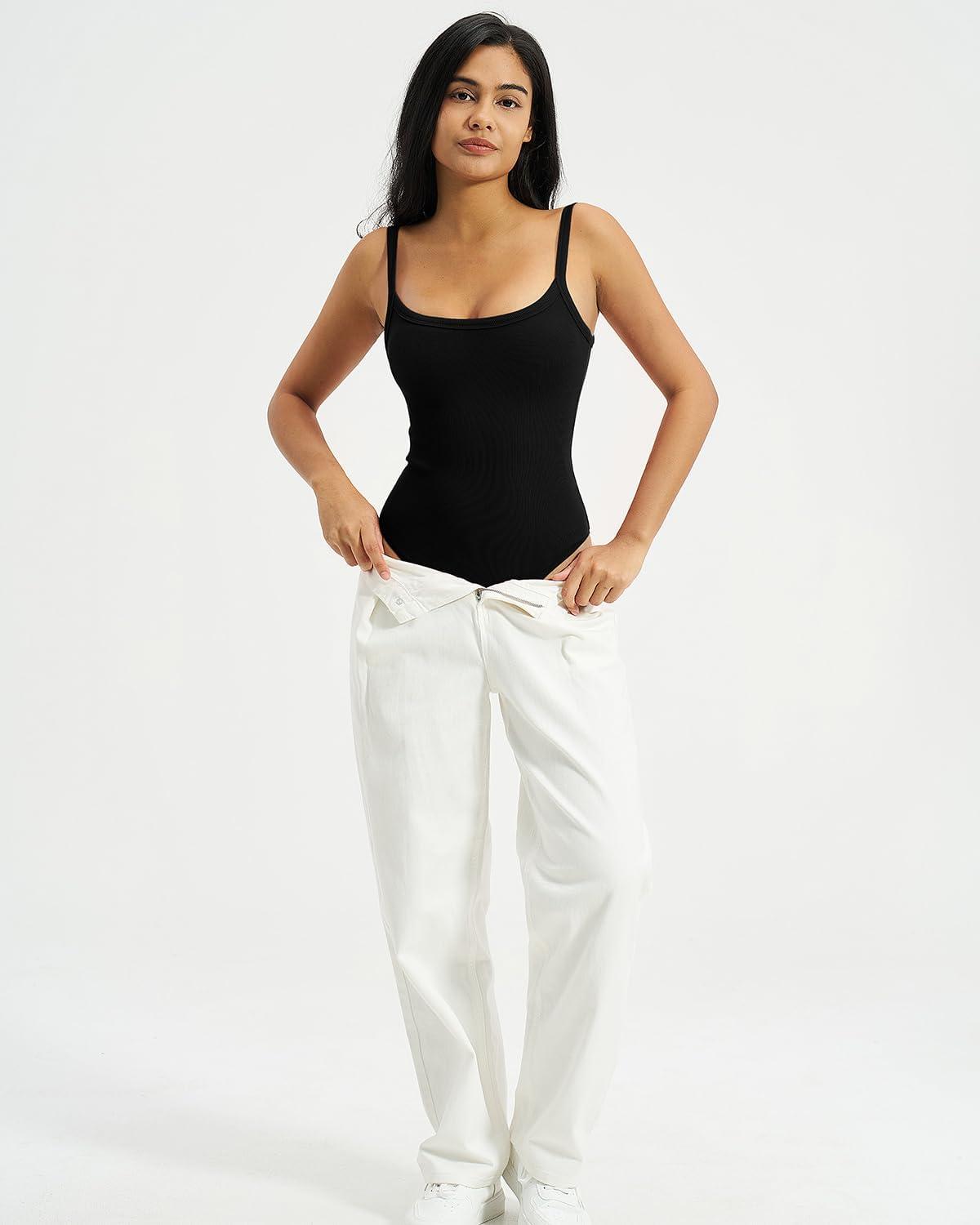 imageQINSEN Bodysuits for Women Square Neck Low Back Ribbed Knit Tummy Control Going Out Shirt TopsBlack