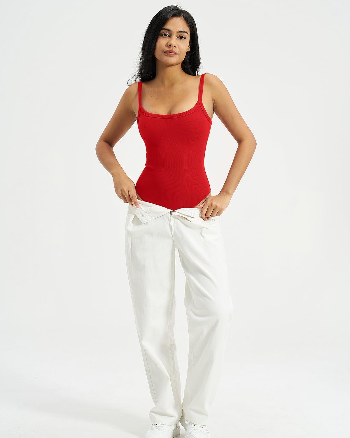 imageQINSEN Bodysuits for Women Square Neck Low Back Ribbed Knit Tummy Control Going Out Shirt TopsRed