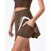 QINSEN Tennis Skirts for Women Side Slit A Line Athletic Skort High Waisted Golf Workout Skirt with Shorts Pockets(Brown)
