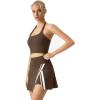 QINSEN Tennis Skirts for Women Side Slit A Line Athletic Skort High Waisted Golf Workout Skirt with Shorts Pockets(Brown)
